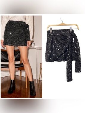 New Lulus Lets Party Black‎ Sequin Faux Wrap Mini Skirt